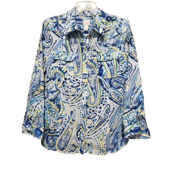 Chico's Cotton Multicolor Paisley Roll-Tab Sleeve Button-Up Shirt Size 1 Medium - Picture 1 of 7